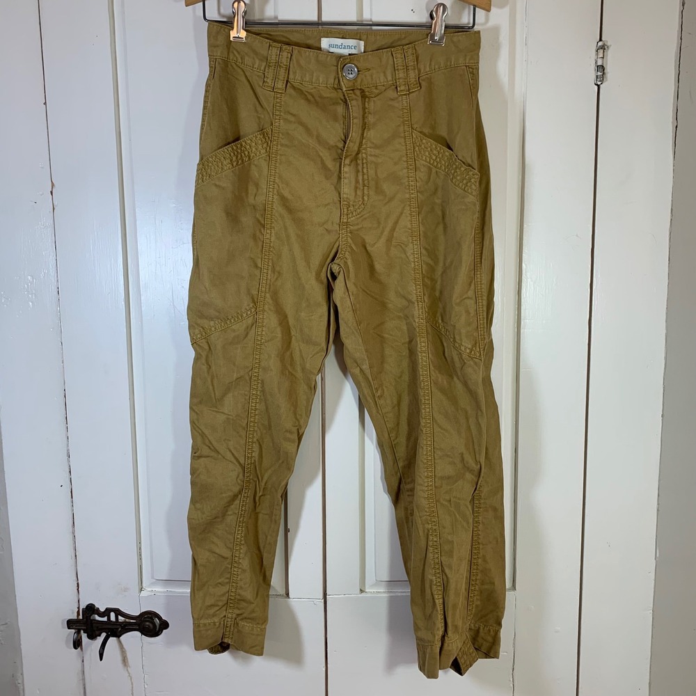 Sundance Womens Petite P4 4 Utility Pants Mustard Tan Cotton Lyocell Tapered Leg